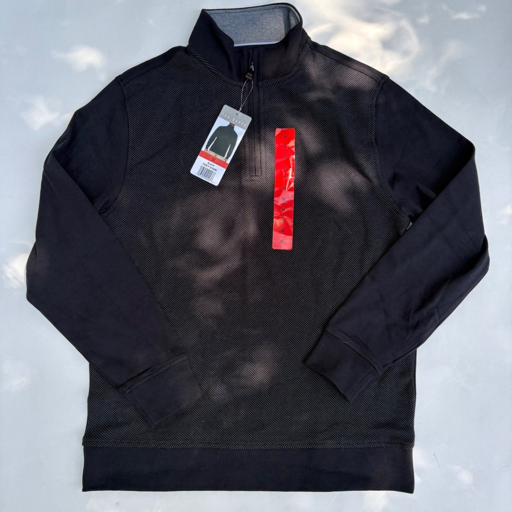 Ted Baker Mens Quarter Zip Pullover Sweater Black Textured Front Size M 1816488